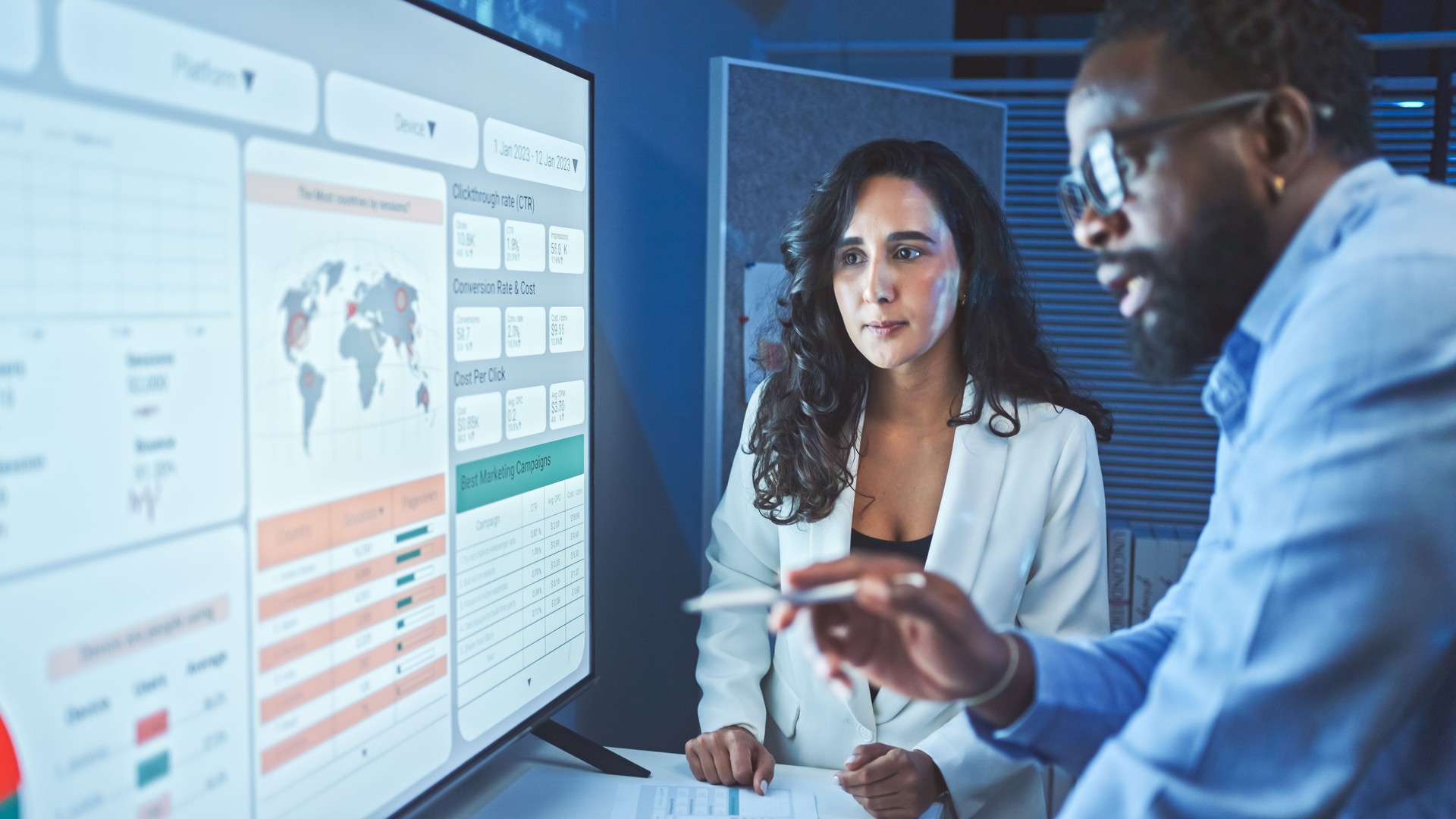 Data analytics team meeting at night.