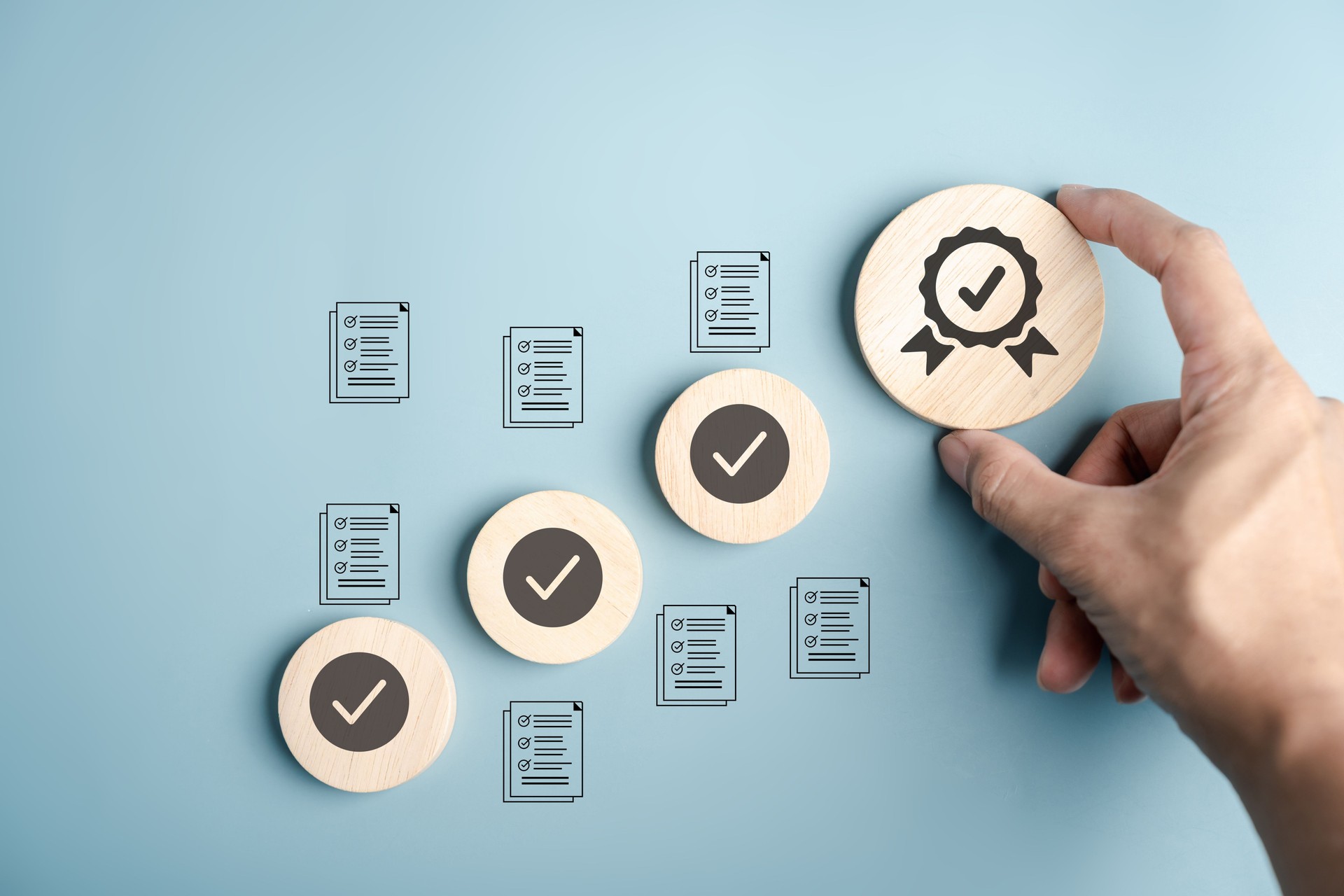 Quality approval document management system verified checklist forms and certification, representing audit, compliance, and quality assurance in digital workflow.